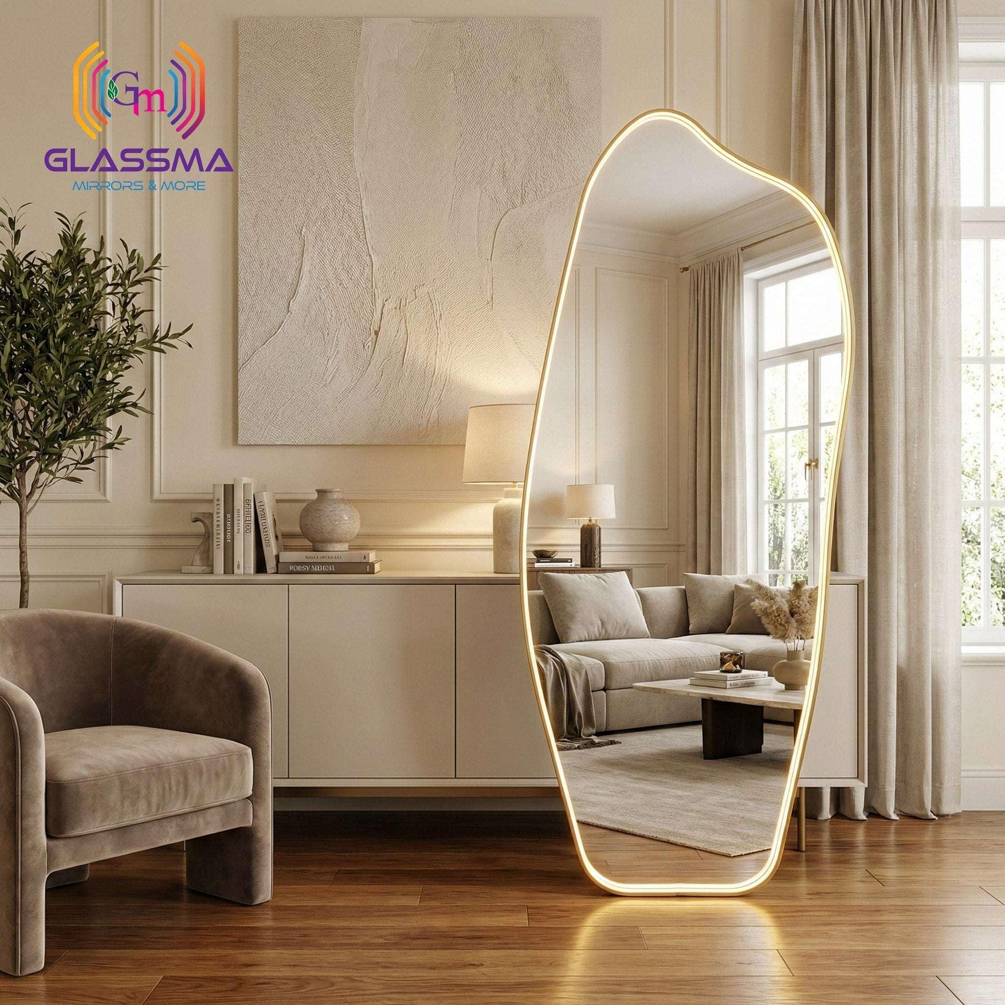 Irregular Full-Length LED Standing Mirror - Golden Aluminum Framed with Heavy Stand - Glassma